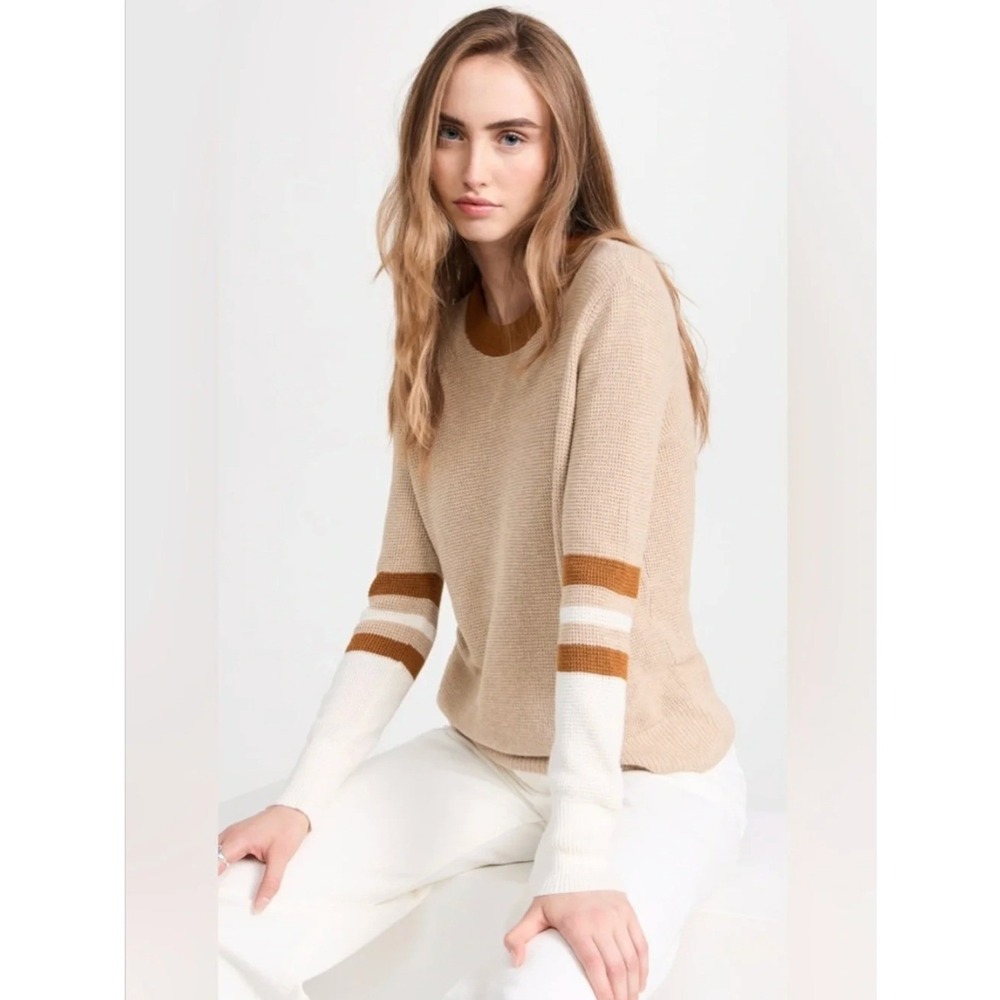 Faherty Throwback Sweater Tan Brown Varsity Stripe Organic Cotton Cashmere M
